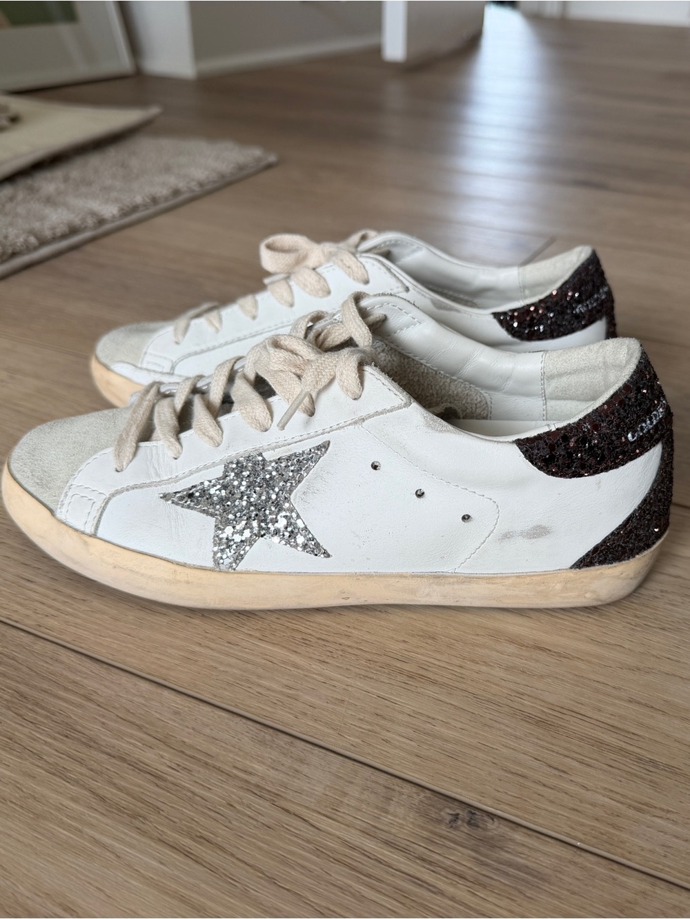 Golden Goose White Leather Super-Star Sneakers w/ Silver & Brown Glitter - Picture 4 of 6